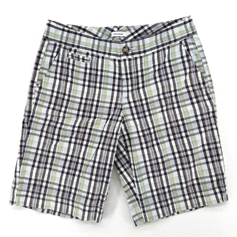Dockers Plaid Shorts Women 8 Green Navy White Bermuda Chino Cotton Stretch Golf